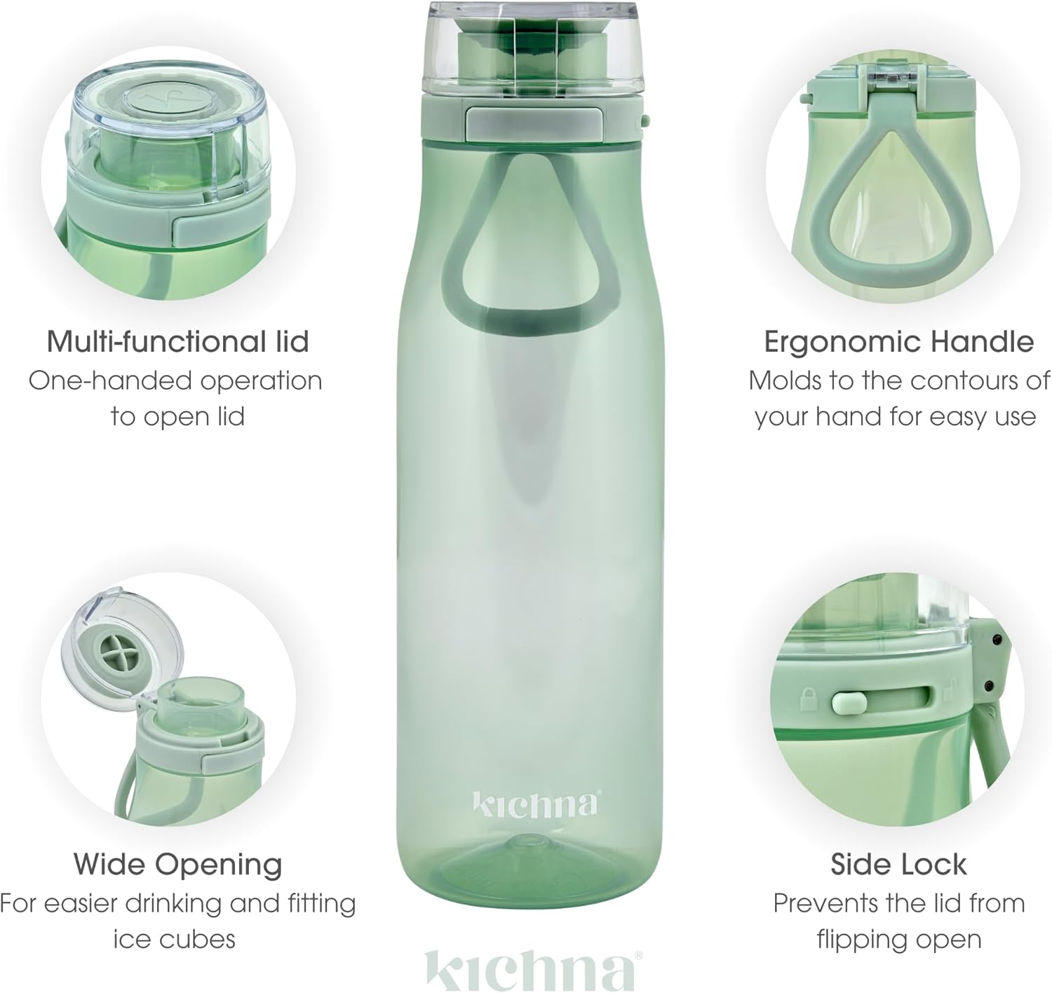 Kichna The Quencher Sports Water Bottle BPA Free Plastic Leakproof Drinking Bottle with Carry-on Loop and Flip Lid for Gym, Hiking, Yoga and Travel 700ml - Pistachio Green-1