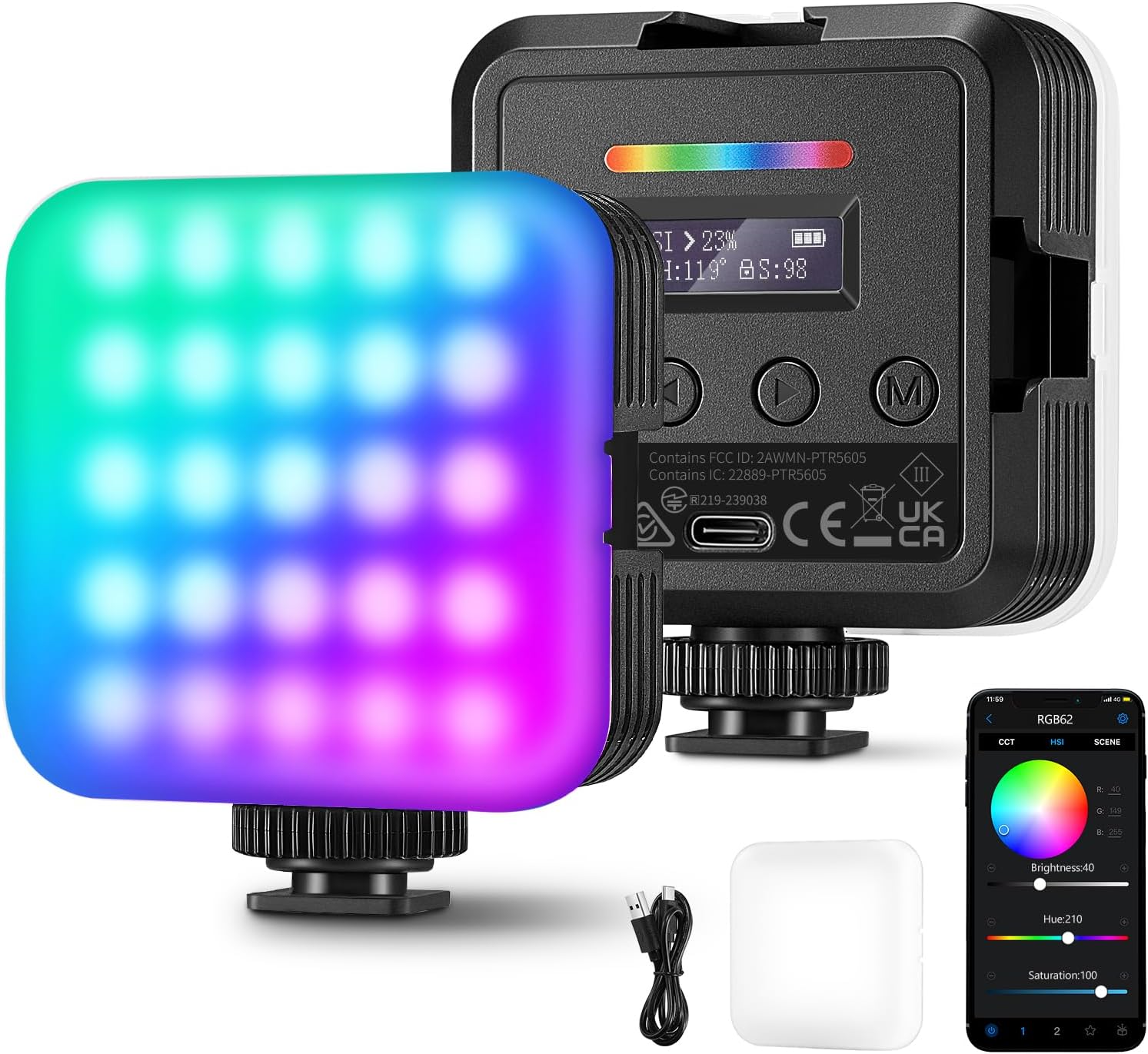 Neewer RGB62 Magnetic RGB Video Light with Upgraded APP Control, 360° Full Color LED Camera Light with 3 Cold Shoes CRI97+ 2500K-8500K 17 Scenes 2000mAh Rechargeable Portable Photography Lighting-0