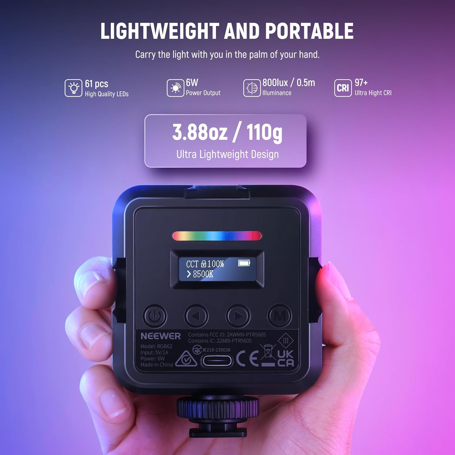 Neewer RGB62 Magnetic RGB Video Light with Upgraded APP Control, 360° Full Color LED Camera Light with 3 Cold Shoes CRI97+ 2500K-8500K 17 Scenes 2000mAh Rechargeable Portable Photography Lighting-1