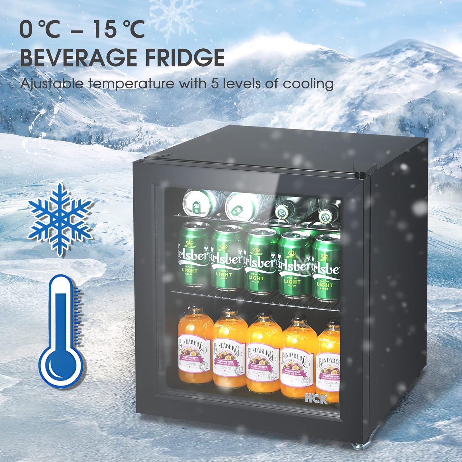 HCK 48L Mini Fridge with Glass Door, 0-15°C Cooling Zone and 2 Shelves, Compact Beverage Fridge for Bar and Living Room-2