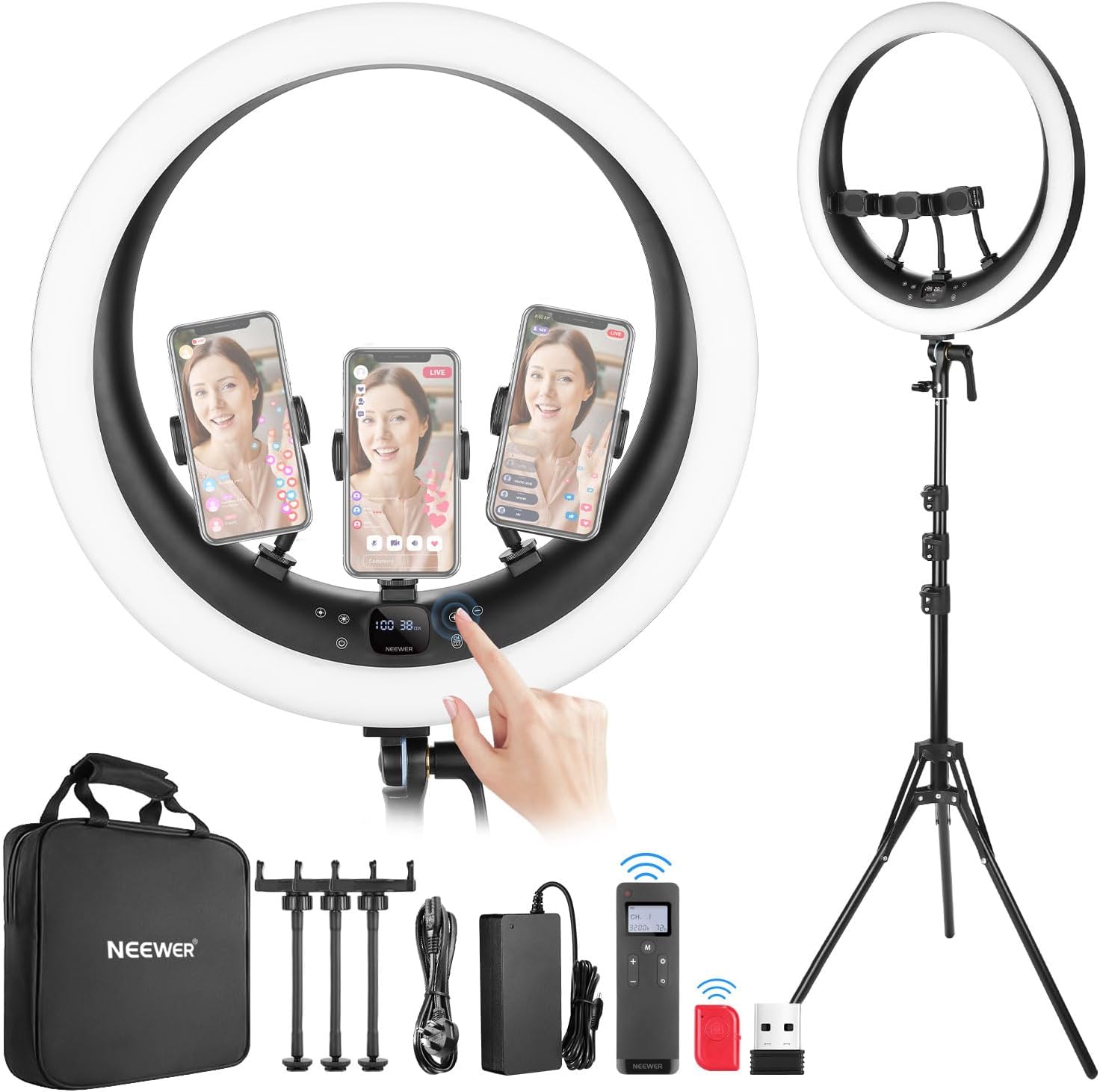 NEEWER 19 inch 2.4G Ring Light with Stand, 3 Phone Holders, 2.4G USB Transmitter for Mac/PC Remote Control, Touch Panel, Smooth Dimming at 1%, 3200K-5600K for Selfie TikTok Live Streaming Zoom, RP19H