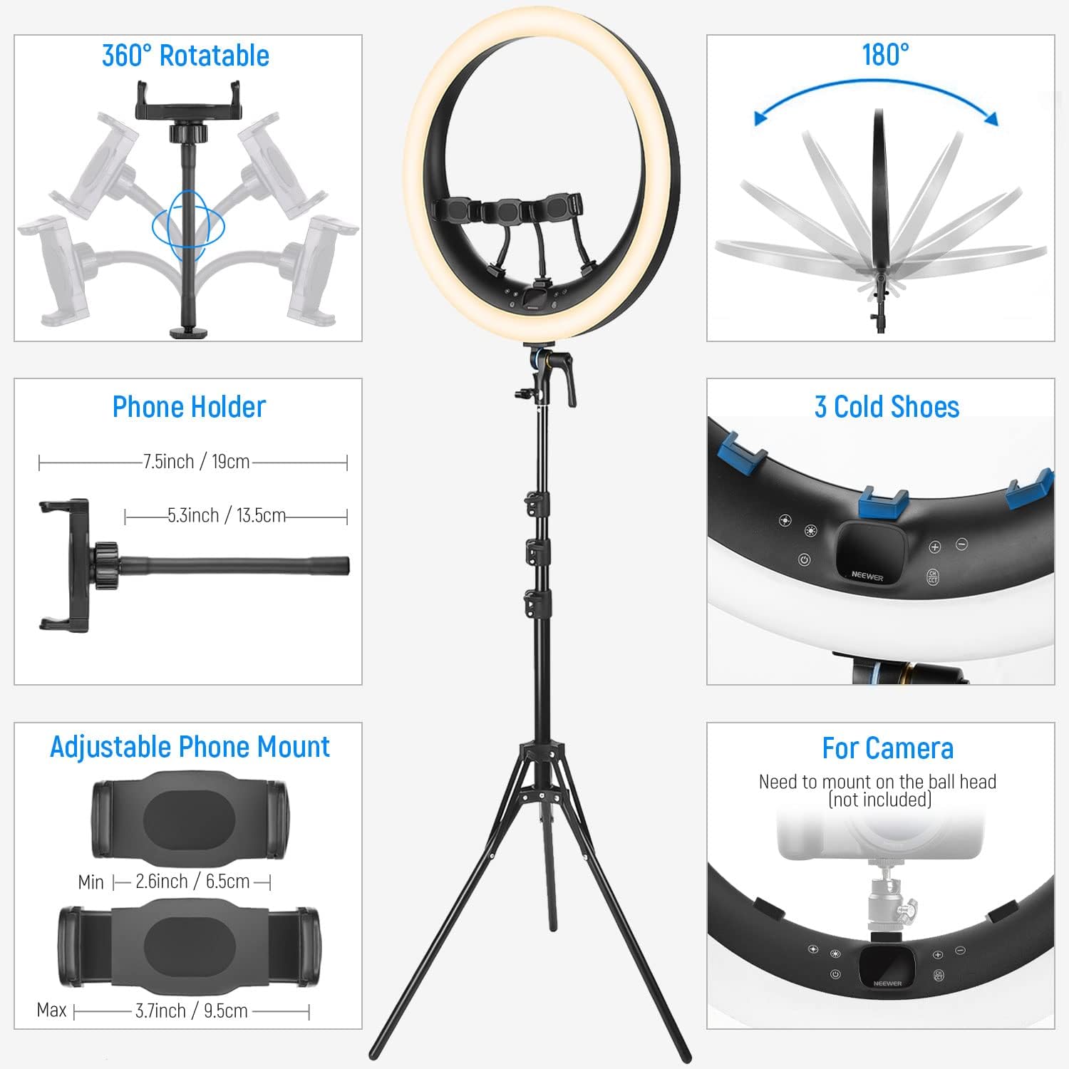 NEEWER 19 inch 2.4G Ring Light with Stand, 3 Phone Holders, 2.4G USB Transmitter for Mac/PC Remote Control, Touch Panel, Smooth Dimming at 1%, 3200K-5600K for Selfie TikTok Live Streaming Zoom, RP19H-6