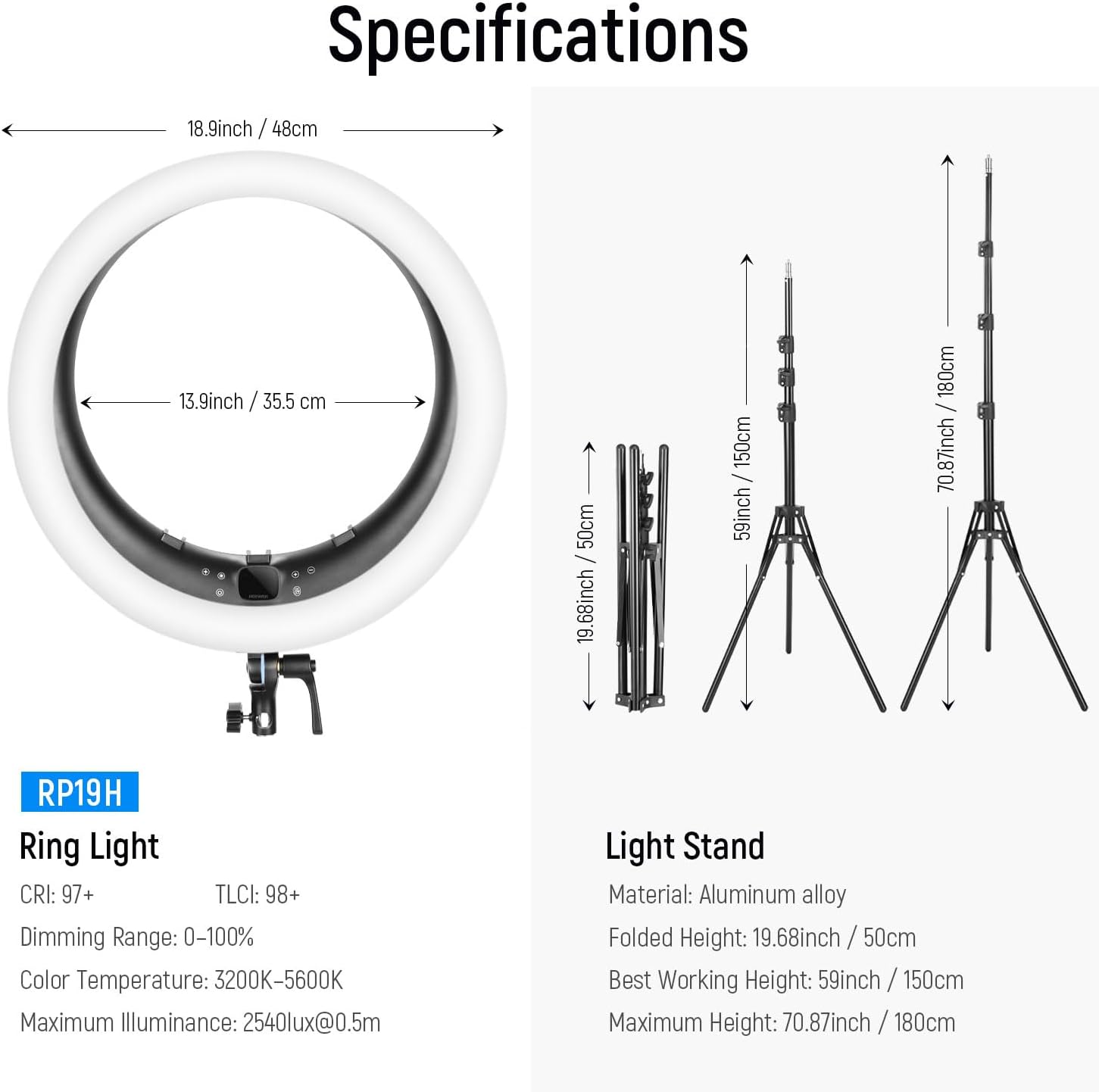 NEEWER 19 inch 2.4G Ring Light with Stand, 3 Phone Holders, 2.4G USB Transmitter for Mac/PC Remote Control, Touch Panel, Smooth Dimming at 1%, 3200K-5600K for Selfie TikTok Live Streaming Zoom, RP19H-7