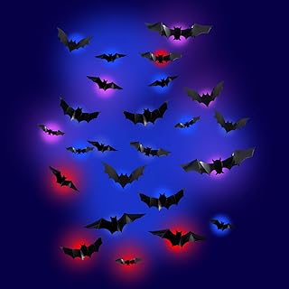 Suewidfay 24PCS Halloween Bats Decorations With LED Lighting 3D DIY Horrible Halloween Wall Sticker Decor Differnt Size PVC Bats For Window,Door,Wall(24, BAT1)