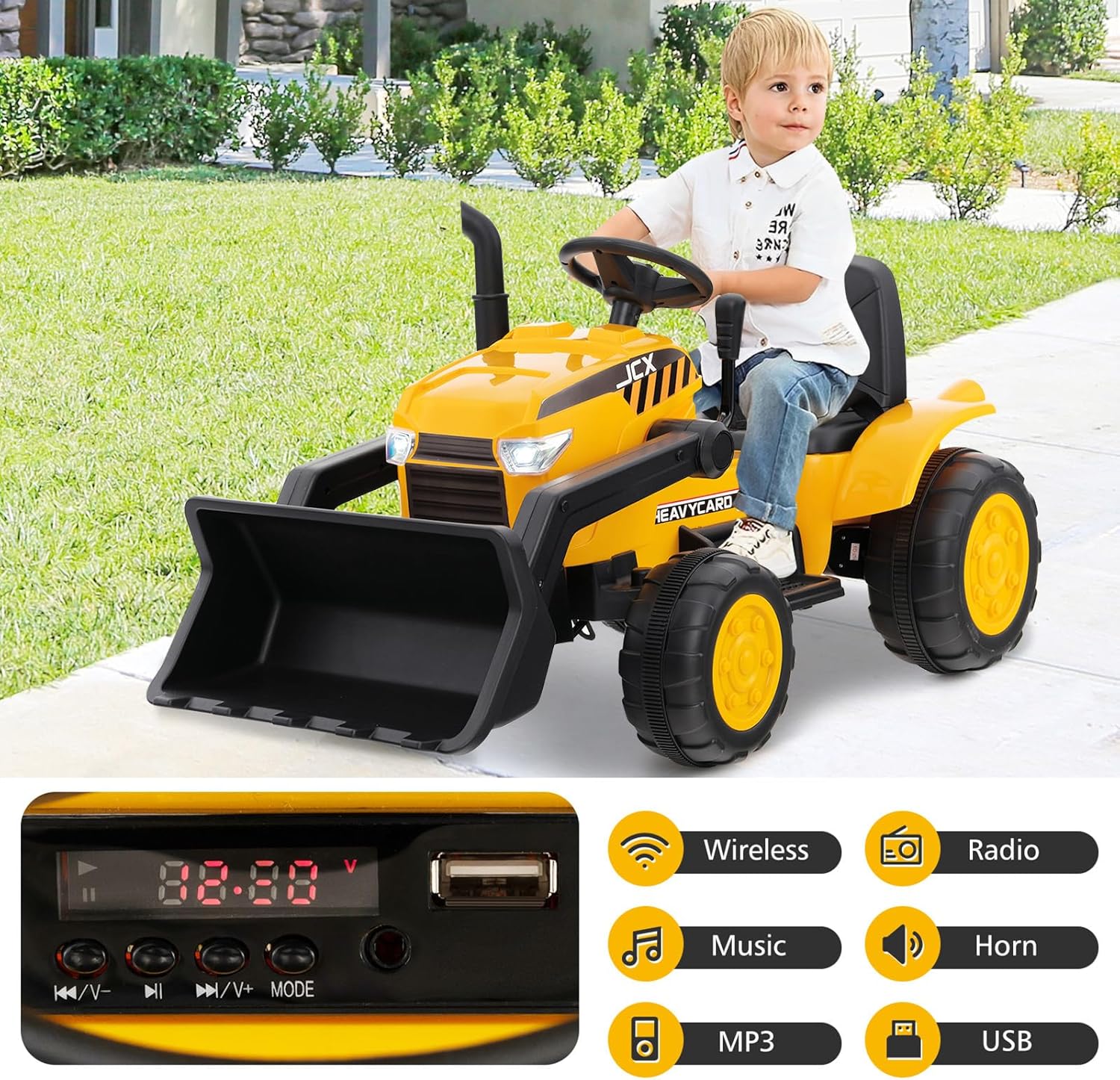 GYMAX Kids Electric Ride on Excavator, 12V Battery Powered Toy Car with Adjustable Bucket, Music, Wireless, Radio, Horn, MP3, USB & Soft Start, Children Construction Vehicle for 3-8 Years Old-3