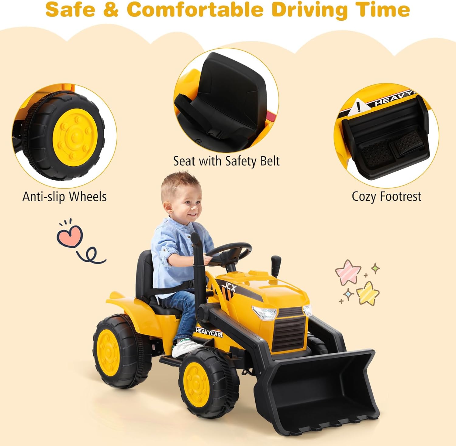 GYMAX Kids Electric Ride on Excavator, 12V Battery Powered Toy Car with Adjustable Bucket, Music, Wireless, Radio, Horn, MP3, USB & Soft Start, Children Construction Vehicle for 3-8 Years Old-6