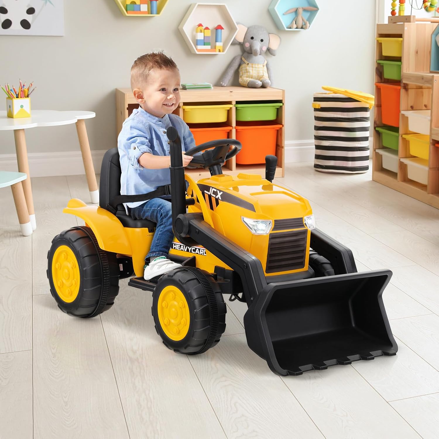 GYMAX Kids Electric Ride on Excavator, 12V Battery Powered Toy Car with Adjustable Bucket, Music, Wireless, Radio, Horn, MP3, USB & Soft Start, Children Construction Vehicle for 3-8 Years Old-7