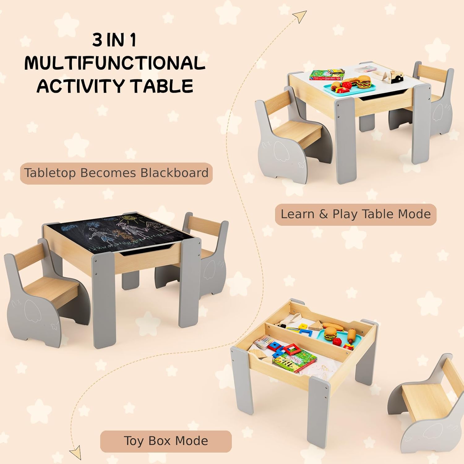 GYMAX Kids Table and Chair Set, Children Activity Desk with 2 Chairs, Reversible Blackboard Tabletop and Hidden Storage Space, 3 Pieces Wooden Toddler Furniture Set for Boys Girls (Grey)-1