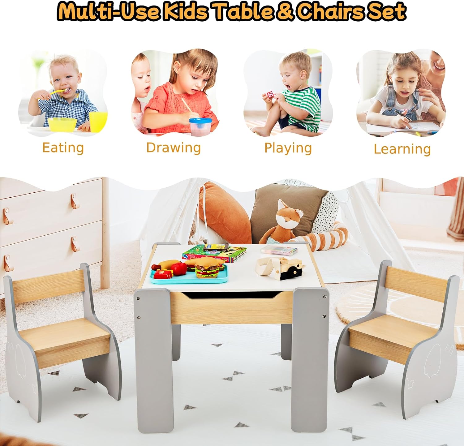 GYMAX Kids Table and Chair Set, Children Activity Desk with 2 Chairs, Reversible Blackboard Tabletop and Hidden Storage Space, 3 Pieces Wooden Toddler Furniture Set for Boys Girls (Grey)-3