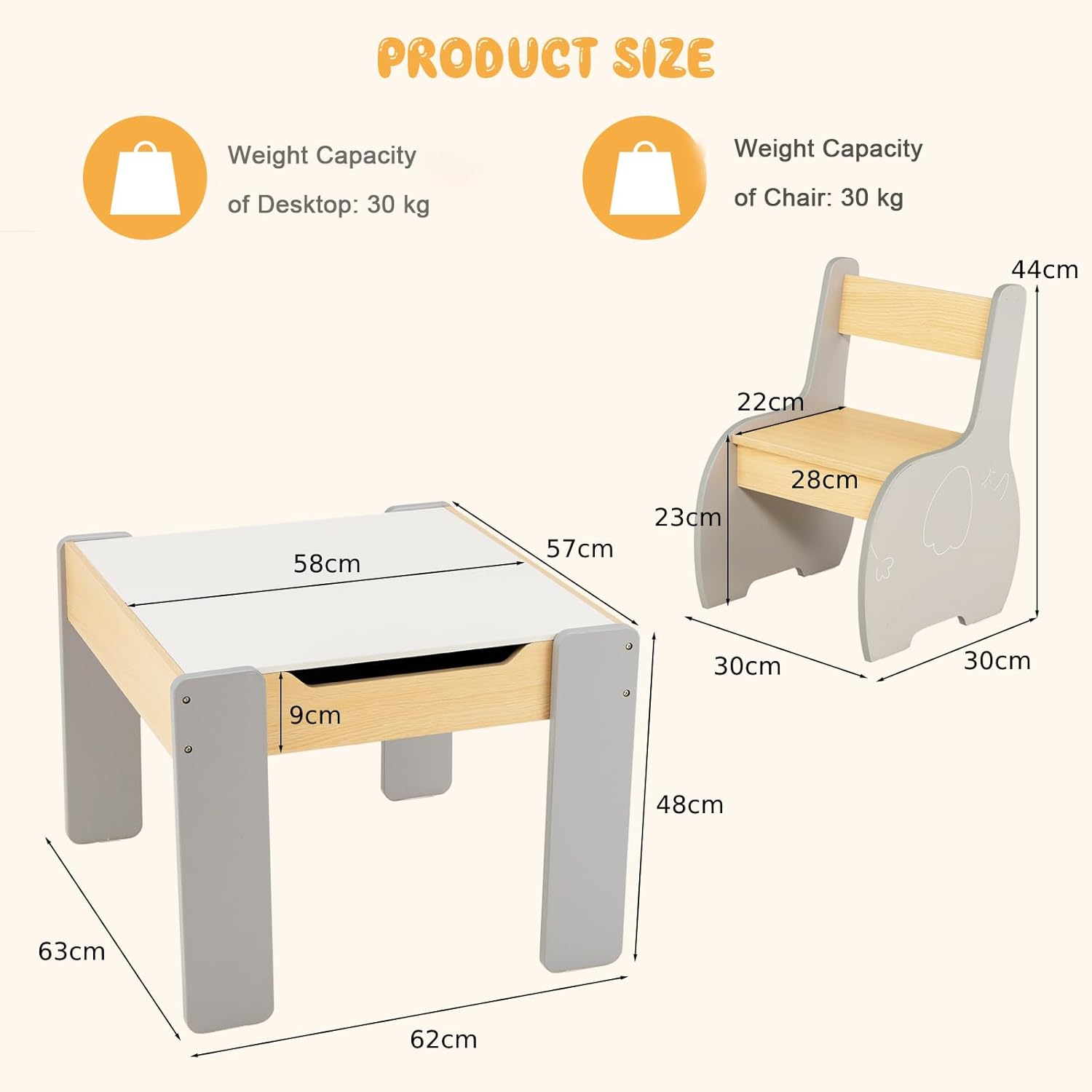 GYMAX Kids Table and Chair Set, Children Activity Desk with 2 Chairs, Reversible Blackboard Tabletop and Hidden Storage Space, 3 Pieces Wooden Toddler Furniture Set for Boys Girls (Grey)-4