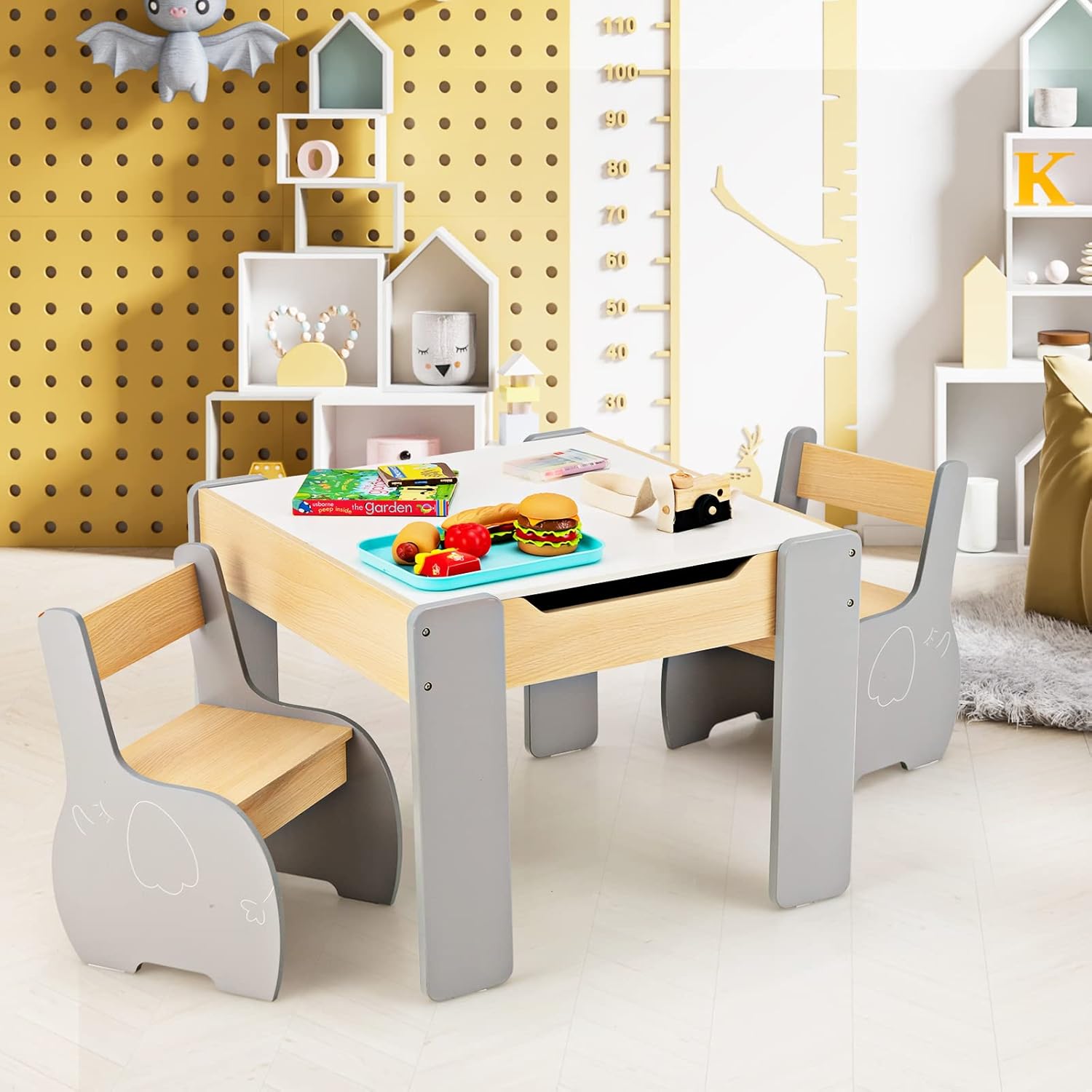 GYMAX Kids Table and Chair Set, Children Activity Desk with 2 Chairs, Reversible Blackboard Tabletop and Hidden Storage Space, 3 Pieces Wooden Toddler Furniture Set for Boys Girls (Grey)-6