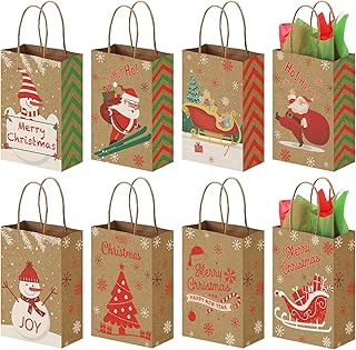 Koogel 12PCS Bags with Tissue Paper, Christmas Treat Bags with Handle Christmas Goodie Bags for Christmas Party Favours Gift Exchange