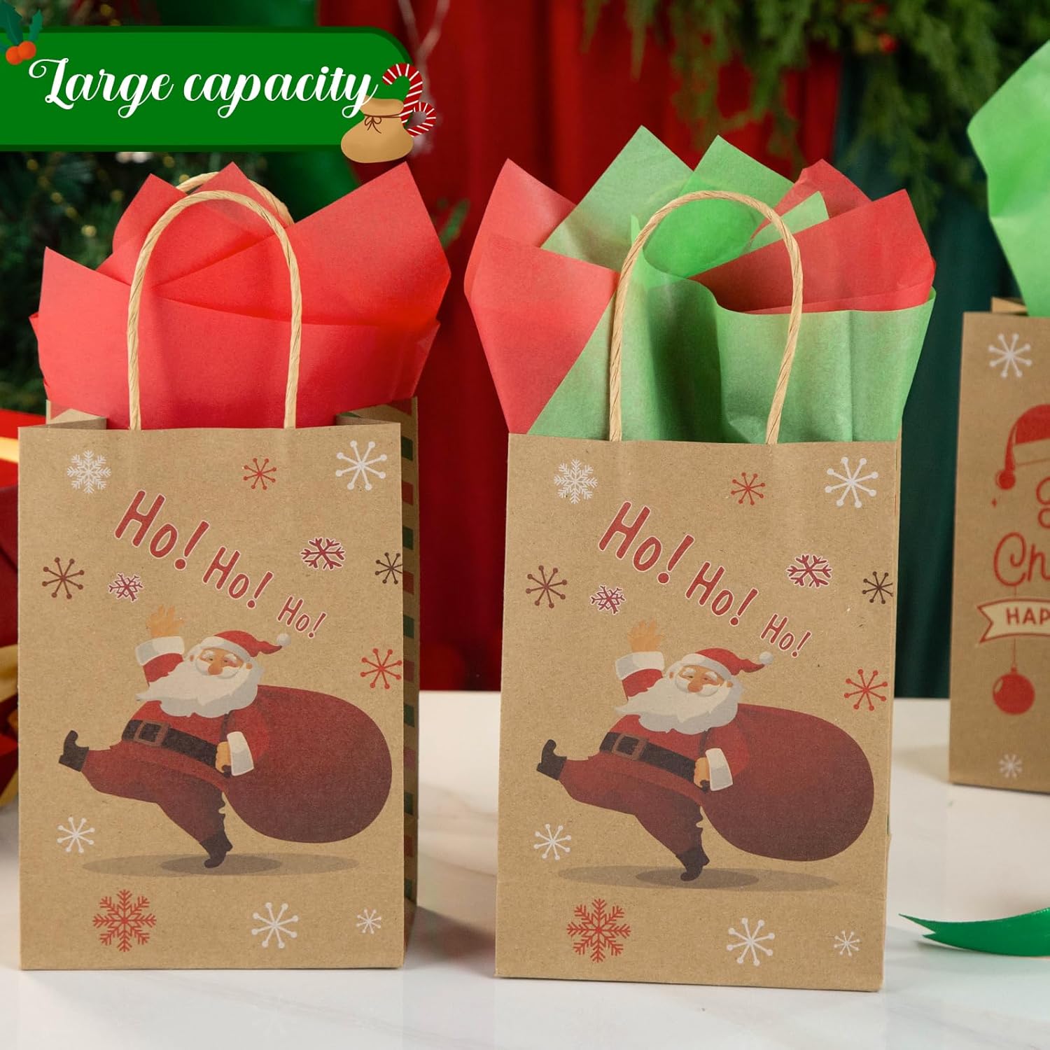 Koogel 12PCS Bags with Tissue Paper, Christmas Treat Bags with Handle Christmas Goodie Bags for Christmas Party Favours Gift Exchange-3