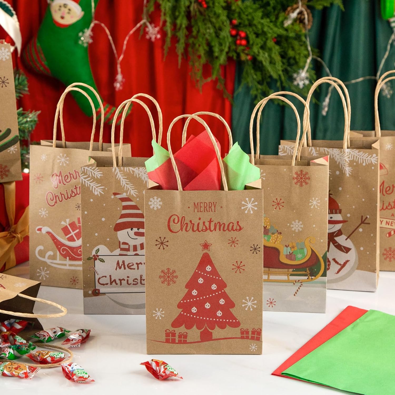 Koogel 12PCS Bags with Tissue Paper, Christmas Treat Bags with Handle Christmas Goodie Bags for Christmas Party Favours Gift Exchange-5