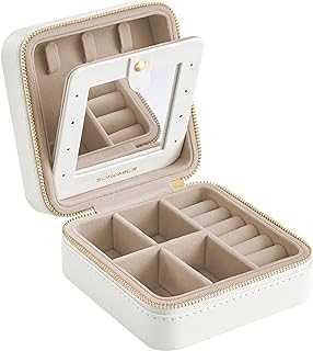 SONGMICS Jewellery Box, 11.4 x 11.4 x 5.5 cm Travel Jewellery Box with Interior Mirror, PU Leather Jewellery Storage for Women, Small Jewellery Organiser, Portable, Gift Idea, Cloud White JBC146BEV2