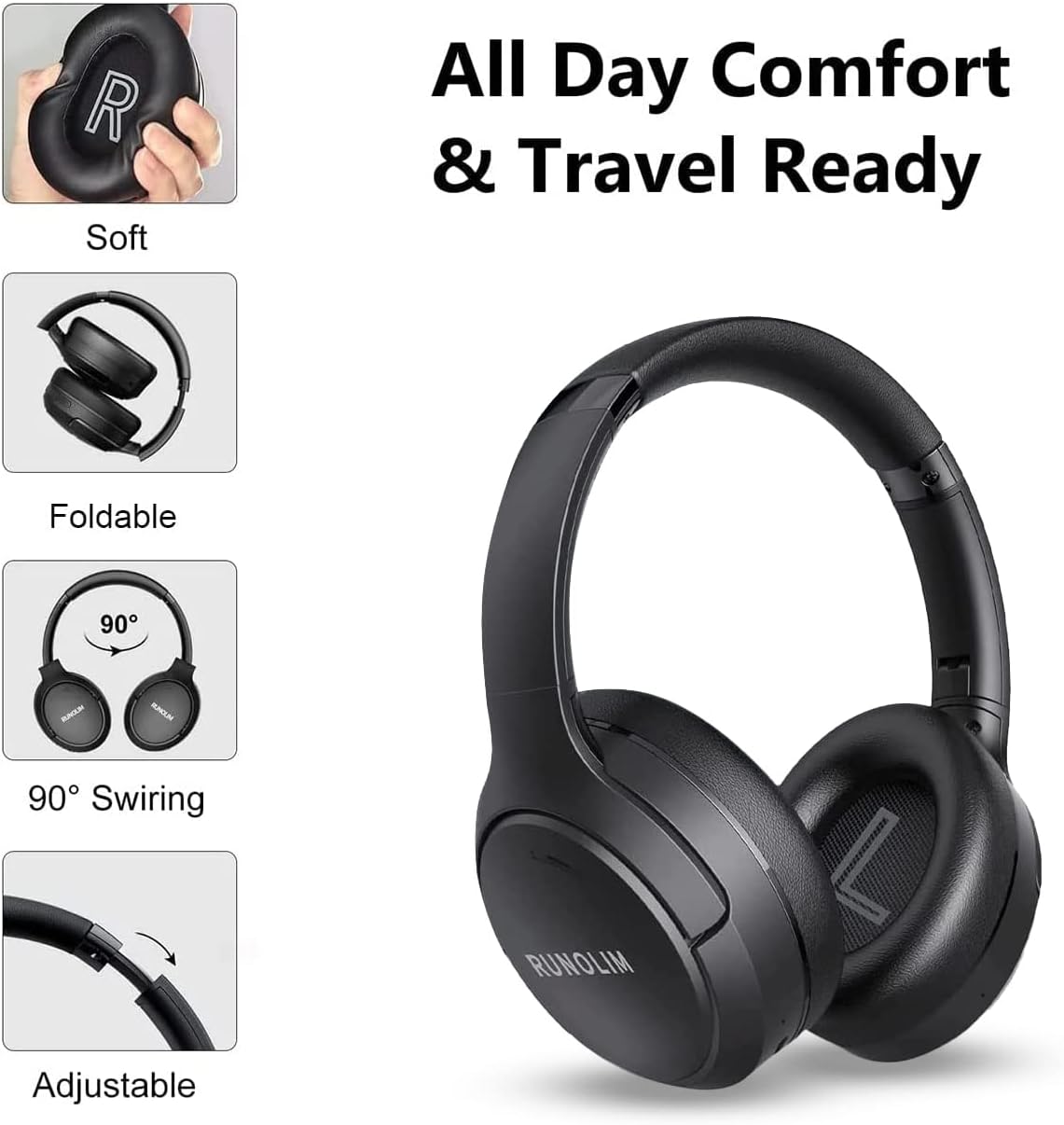 RUNOLIM Hybrid Active Noise Cancelling Headphones, Wireless Over Ear Bluetooth Headphones with Microphone, 70H Playtime, Foldable Wireless Headphones with HiFi Audio, Deep Bass for Home Travel Office-3