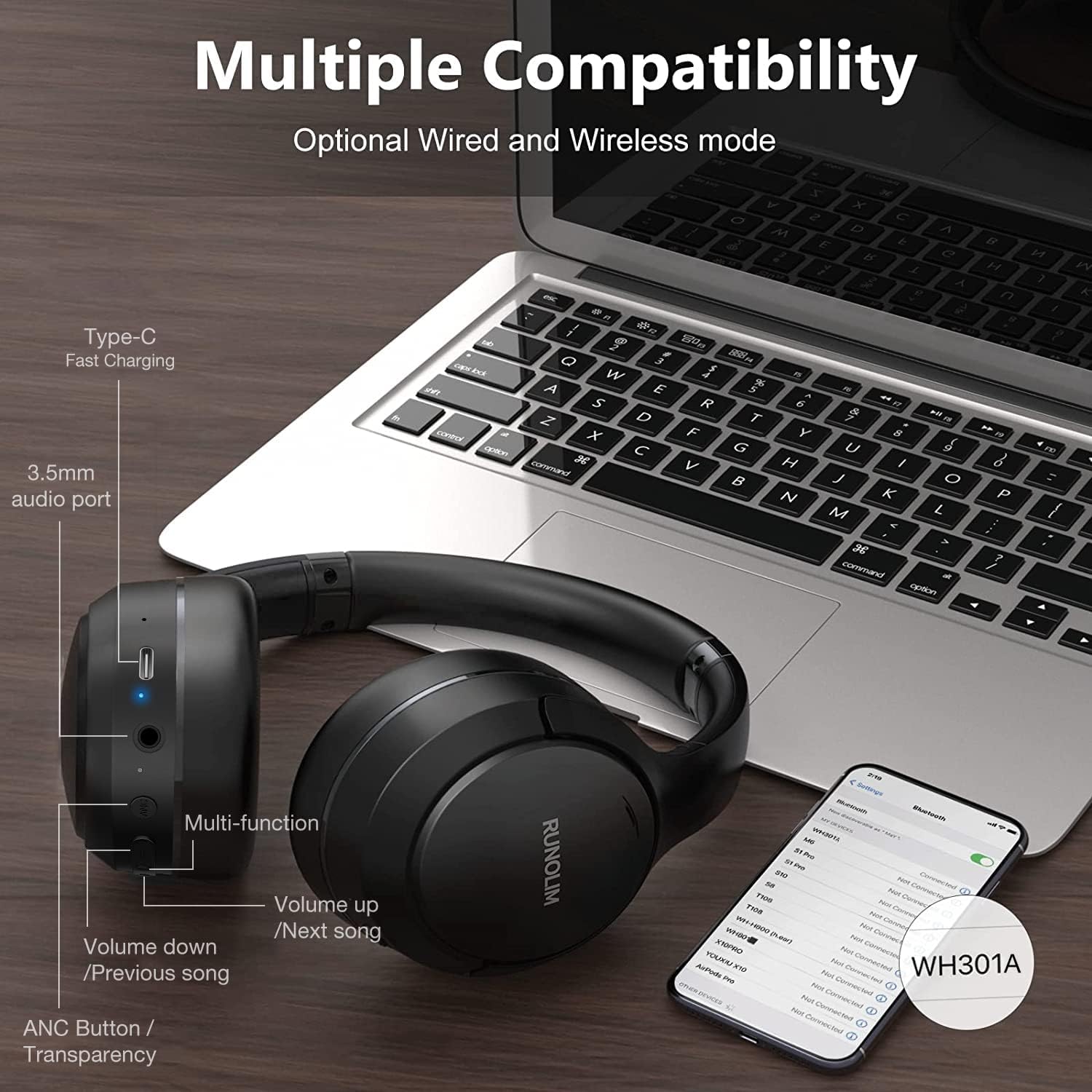 RUNOLIM Hybrid Active Noise Cancelling Headphones, Wireless Over Ear Bluetooth Headphones with Microphone, 70H Playtime, Foldable Wireless Headphones with HiFi Audio, Deep Bass for Home Travel Office-7