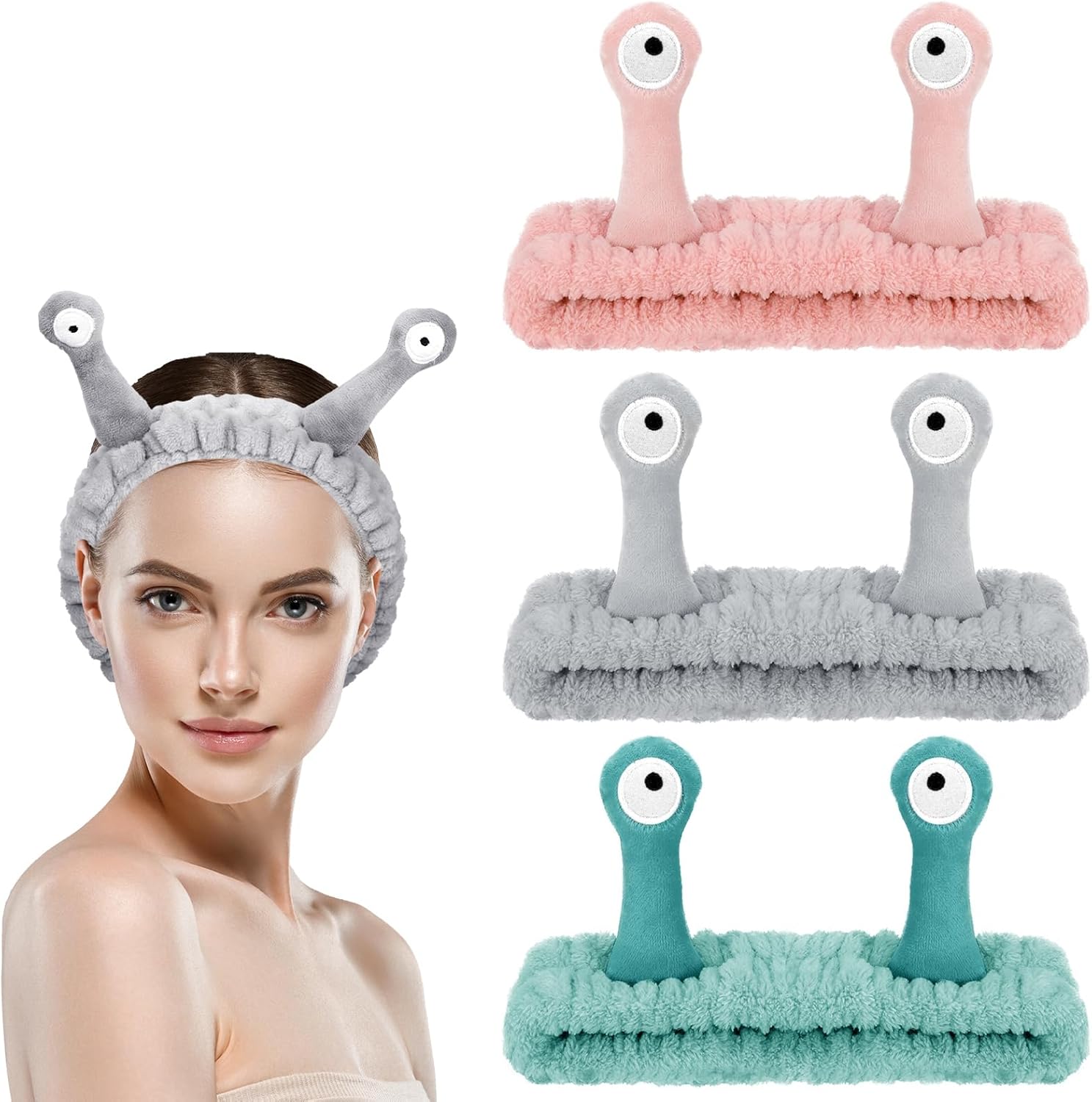 3 PCS Face Wash Headband Spa Headband,Palm and Snail Makeup Headbands Women Elastic Headband Cute Coral Fleece Hair Accessories for Washing Face Shower Sports Beauty Skincare-0