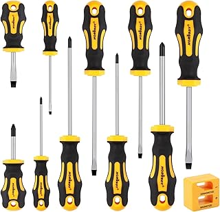 11Pcs Screwdriver Set, Heavy Duty Chrome Vanadium Steel Made, Magnetic Screwdriver with 5 Flat & 5 Cross Head with Magnetize & Demagnetize, Durable Hand Tools in Box