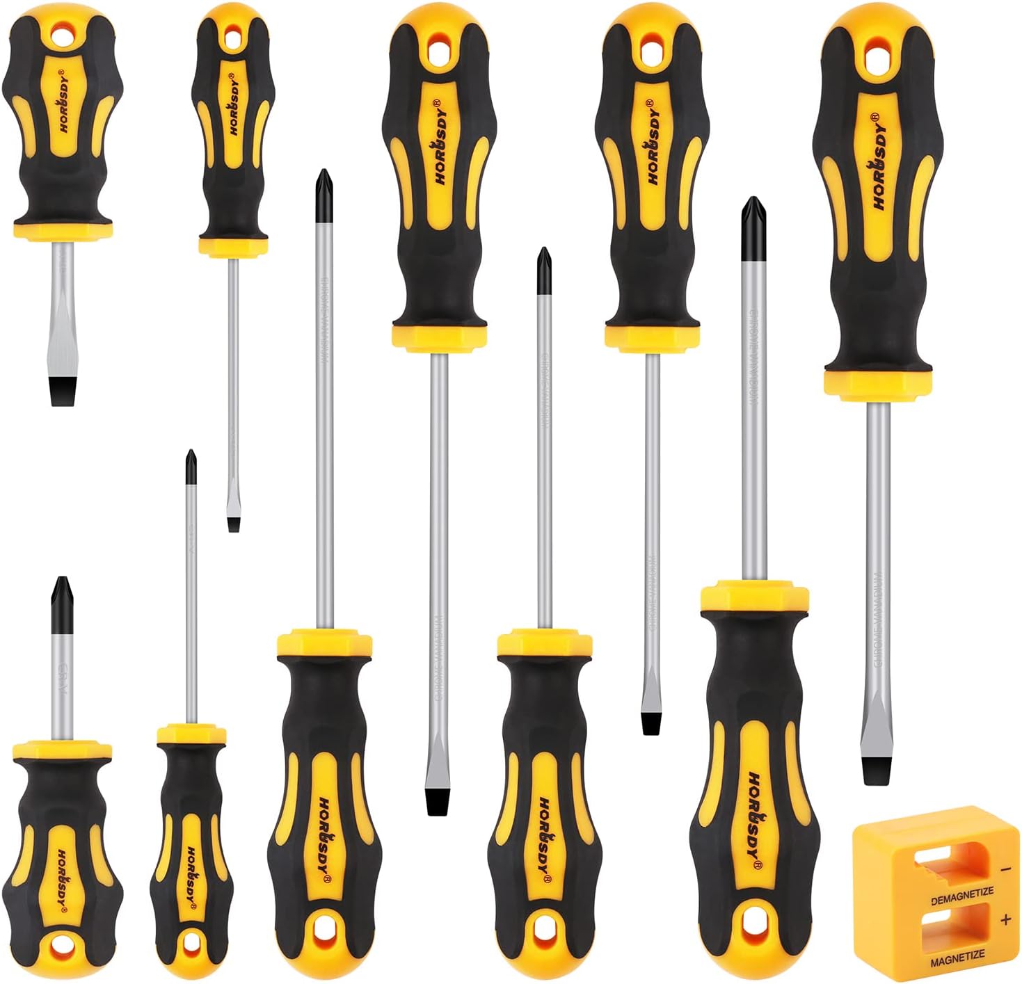 11Pcs Screwdriver Set, Heavy Duty Chrome Vanadium Steel Made, Magnetic Screwdriver with 5 Flat & 5 Cross Head with Magnetize & Demagnetize, Durable Hand Tools in Box-0