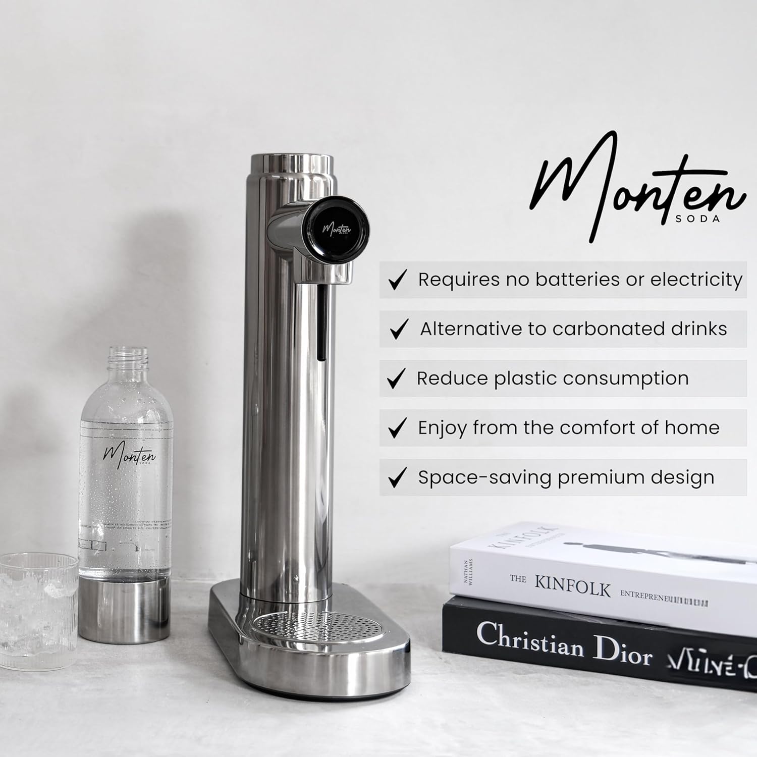 MonTen Soda Sparkling Water Maker - Polished Steel Carbonated Water Machine - Includes 900ML Reusable Water Bottle - Made with Premium Stainless Steel, Compatible with Screw-In Sodastream CO2 Cylinder-2