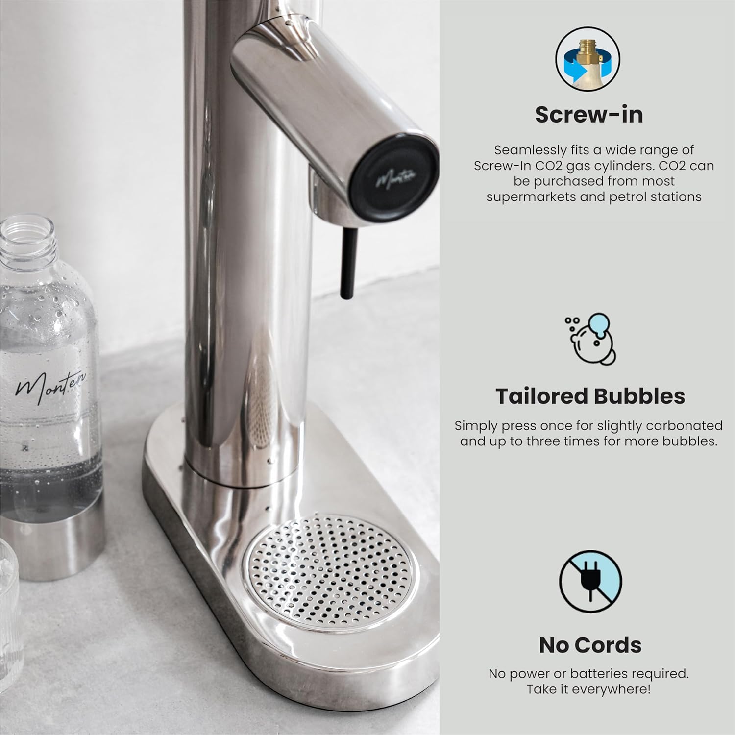 MonTen Soda Sparkling Water Maker - Polished Steel Carbonated Water Machine - Includes 900ML Reusable Water Bottle - Made with Premium Stainless Steel, Compatible with Screw-In Sodastream CO2 Cylinder-4