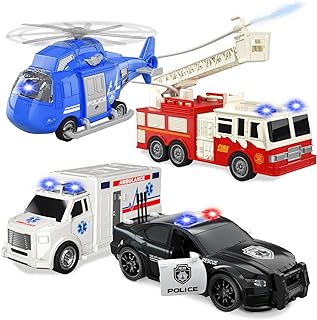 Emergency Vehicle Playset, 4 Pack 1:20 Ambulance Toys Friction Powered Vehicles with Light and Sound, Fire Truck, Ambulance Car, Play Police Car and Toy Helicopter, Kids Toys for Boys 2 3 4 5 6 Gift