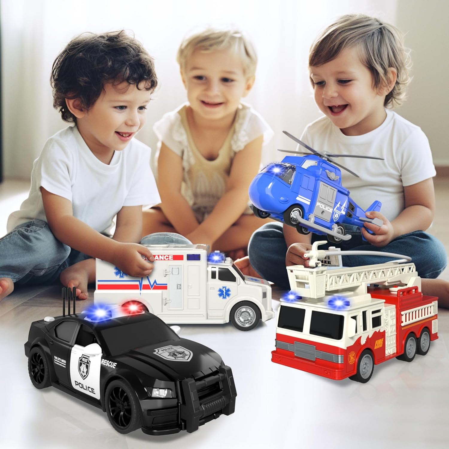 Emergency Vehicle Playset, 4 Pack 1:20 Ambulance Toys Friction Powered Vehicles with Light and Sound, Fire Truck, Ambulance Car, Play Police Car and Toy Helicopter, Kids Toys for Boys 2 3 4 5 6 Gift-1