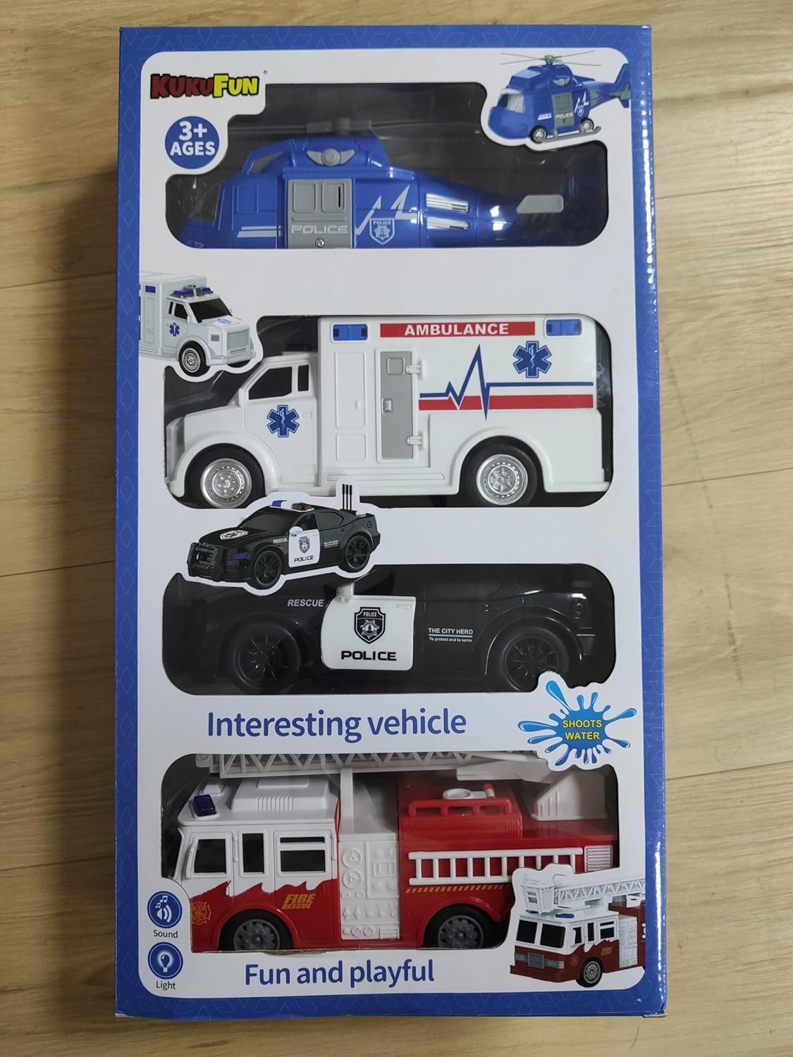 Emergency Vehicle Playset, 4 Pack 1:20 Ambulance Toys Friction Powered Vehicles with Light and Sound, Fire Truck, Ambulance Car, Play Police Car and Toy Helicopter, Kids Toys for Boys 2 3 4 5 6 Gift-10