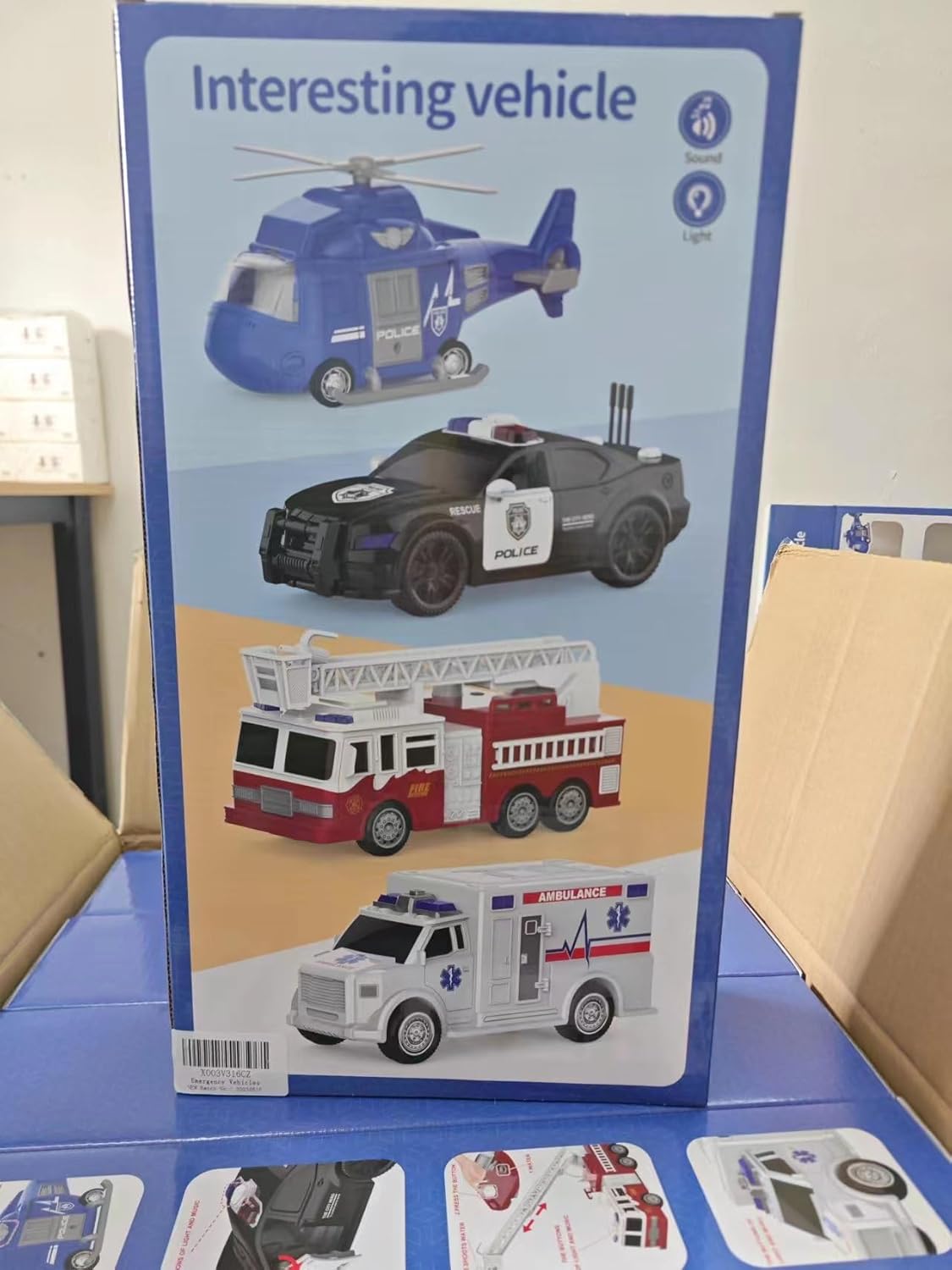 Emergency Vehicle Playset, 4 Pack 1:20 Ambulance Toys Friction Powered Vehicles with Light and Sound, Fire Truck, Ambulance Car, Play Police Car and Toy Helicopter, Kids Toys for Boys 2 3 4 5 6 Gift-12