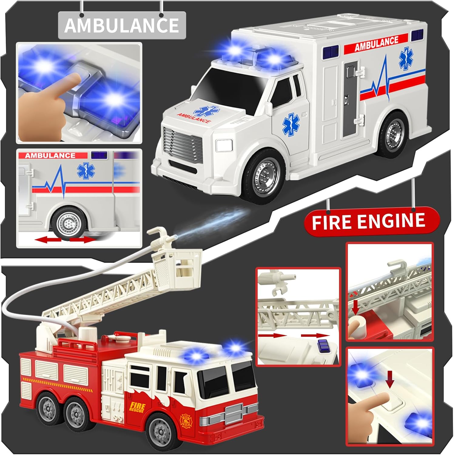 Emergency Vehicle Playset, 4 Pack 1:20 Ambulance Toys Friction Powered Vehicles with Light and Sound, Fire Truck, Ambulance Car, Play Police Car and Toy Helicopter, Kids Toys for Boys 2 3 4 5 6 Gift-2