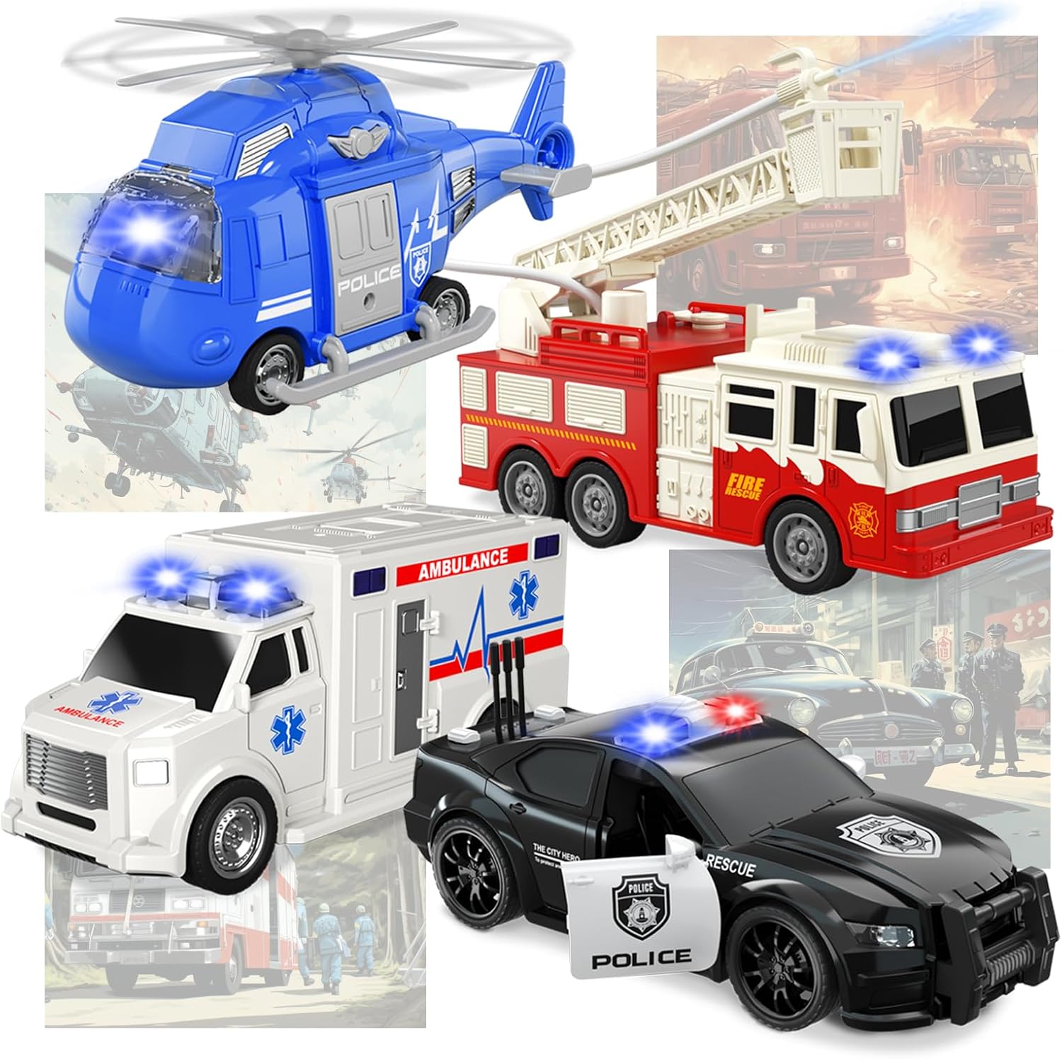 Emergency Vehicle Playset, 4 Pack 1:20 Ambulance Toys Friction Powered Vehicles with Light and Sound, Fire Truck, Ambulance Car, Play Police Car and Toy Helicopter, Kids Toys for Boys 2 3 4 5 6 Gift-3