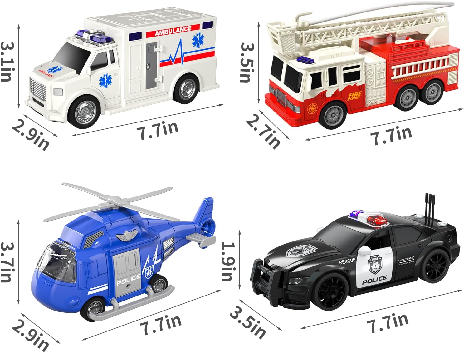 Emergency Vehicle Playset, 4 Pack 1:20 Ambulance Toys Friction Powered Vehicles with Light and Sound, Fire Truck, Ambulance Car, Play Police Car and Toy Helicopter, Kids Toys for Boys 2 3 4 5 6 Gift-4