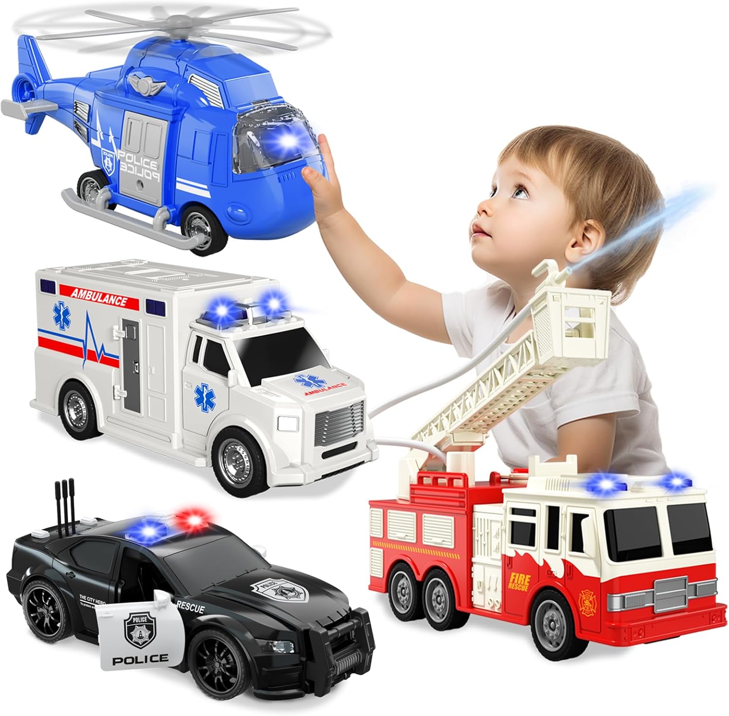 Emergency Vehicle Playset, 4 Pack 1:20 Ambulance Toys Friction Powered Vehicles with Light and Sound, Fire Truck, Ambulance Car, Play Police Car and Toy Helicopter, Kids Toys for Boys 2 3 4 5 6 Gift-5