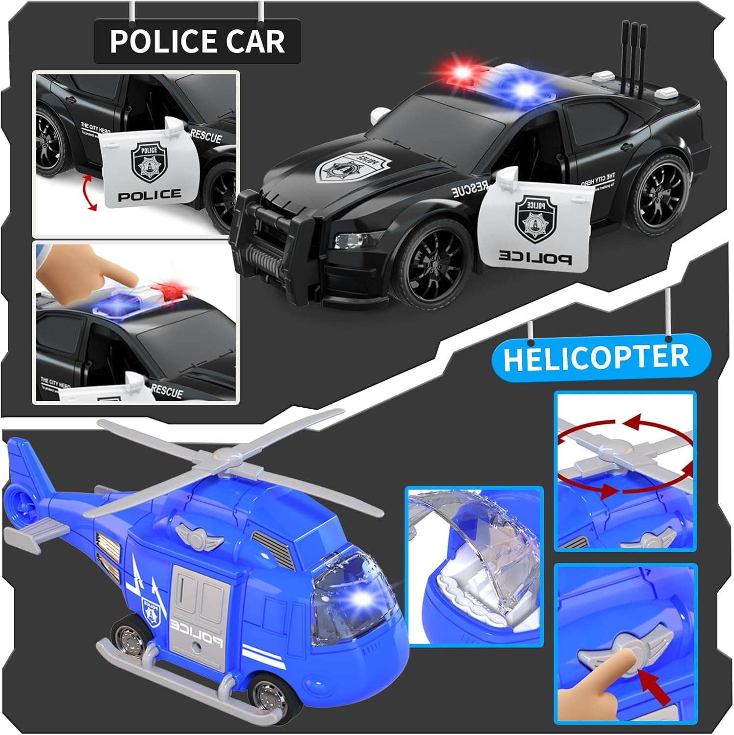 Emergency Vehicle Playset, 4 Pack 1:20 Ambulance Toys Friction Powered Vehicles with Light and Sound, Fire Truck, Ambulance Car, Play Police Car and Toy Helicopter, Kids Toys for Boys 2 3 4 5 6 Gift-6