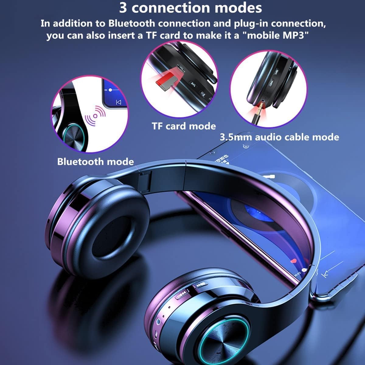 TFUFR Bluetooth Headphones Over Ear, Wireless Headphones Over Ear, Foldable Lightweight Wireless Headphones with Built-in Noise Reduction Microphone for Online Class, Office, PC, Phone-4