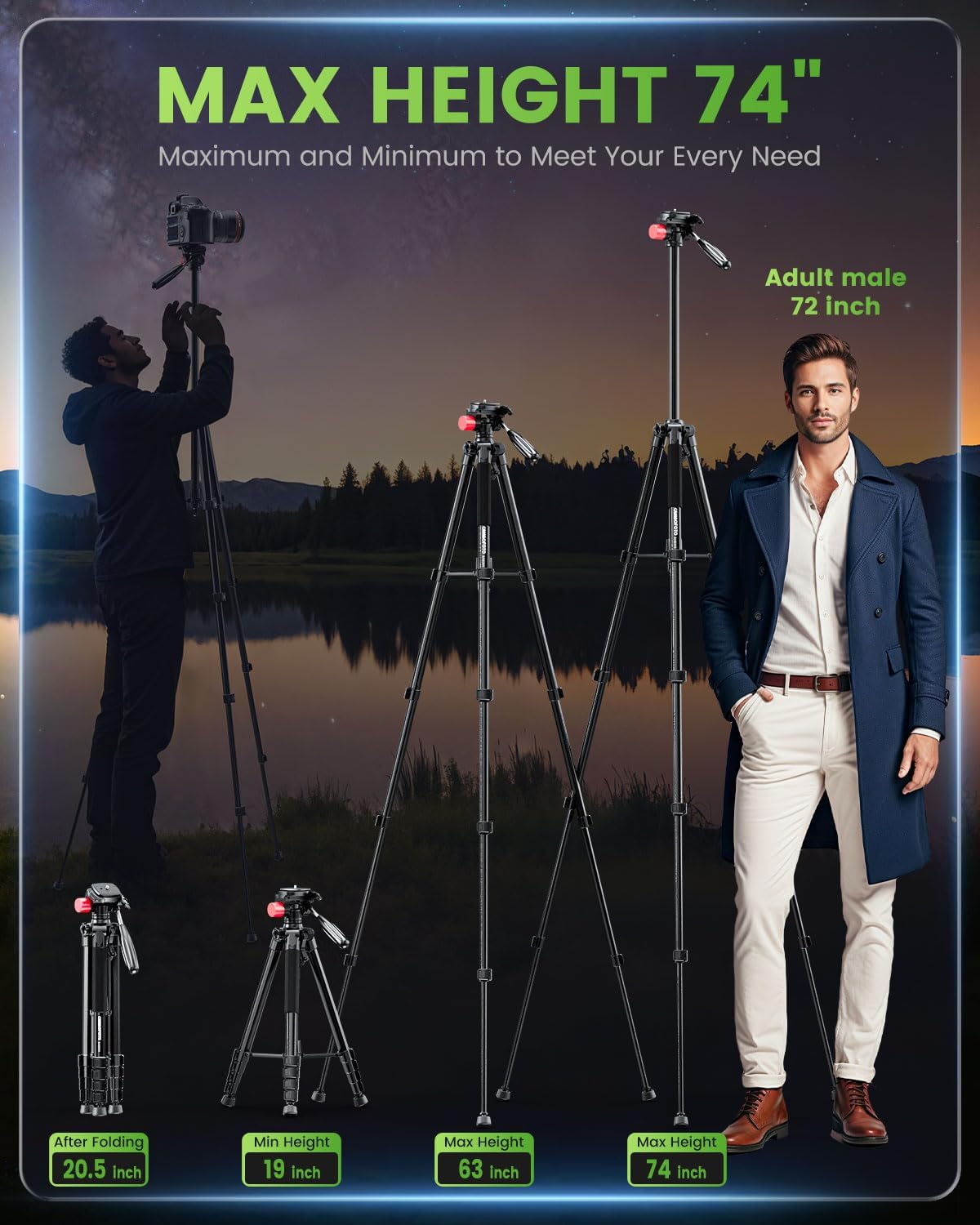 CAMBOFOTO 74"-Camera-Tripod, Porfessional Aluminum Heavy Duty Vlog/Video Recording Tripod Stand with Travel Bag for Mirrorless/DSLR/Phone/Camcorder/Spotting Scopes-2