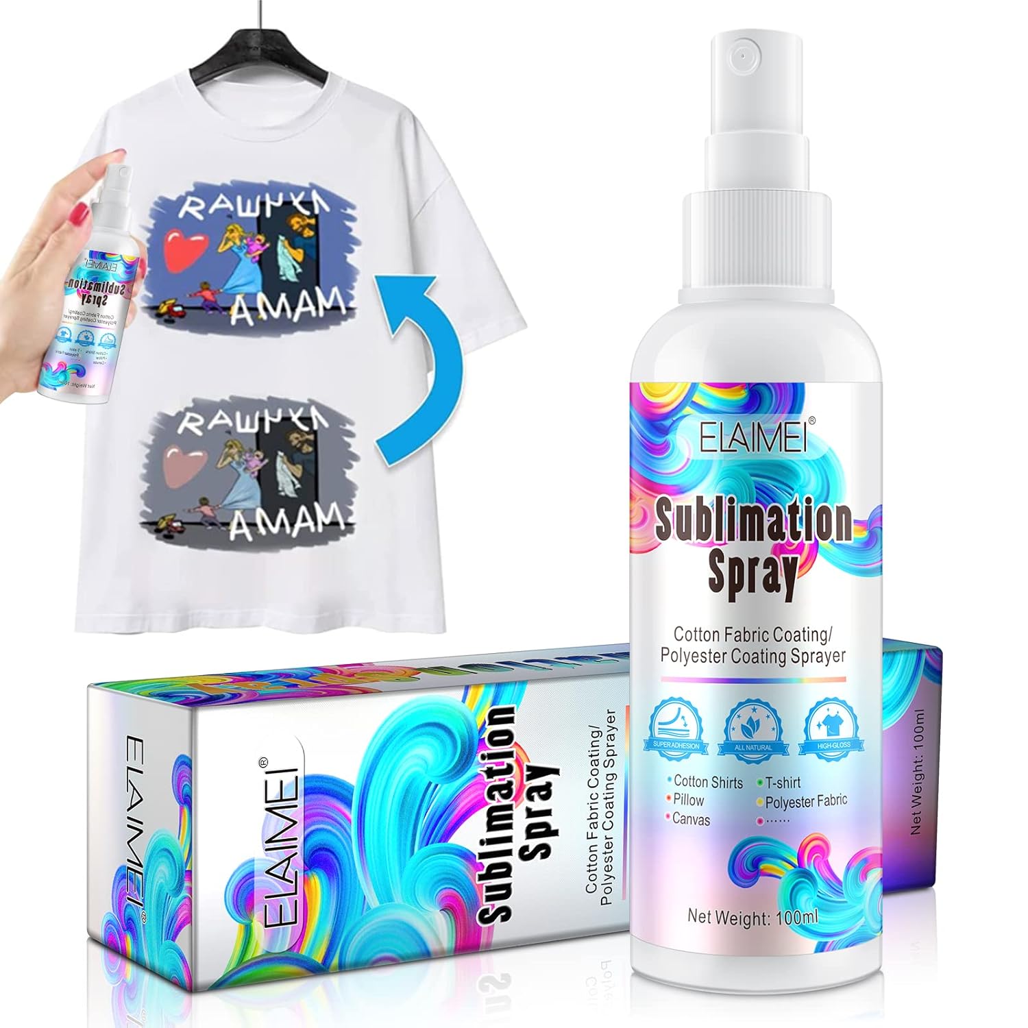 Sublimation Spray for Cotton 100ML Bright Fabric Spray Adhesive for All Including Polyester Carton Tote Bag Pillows Waterproof Quick Drying Brighter & More Vibrant Colors-0