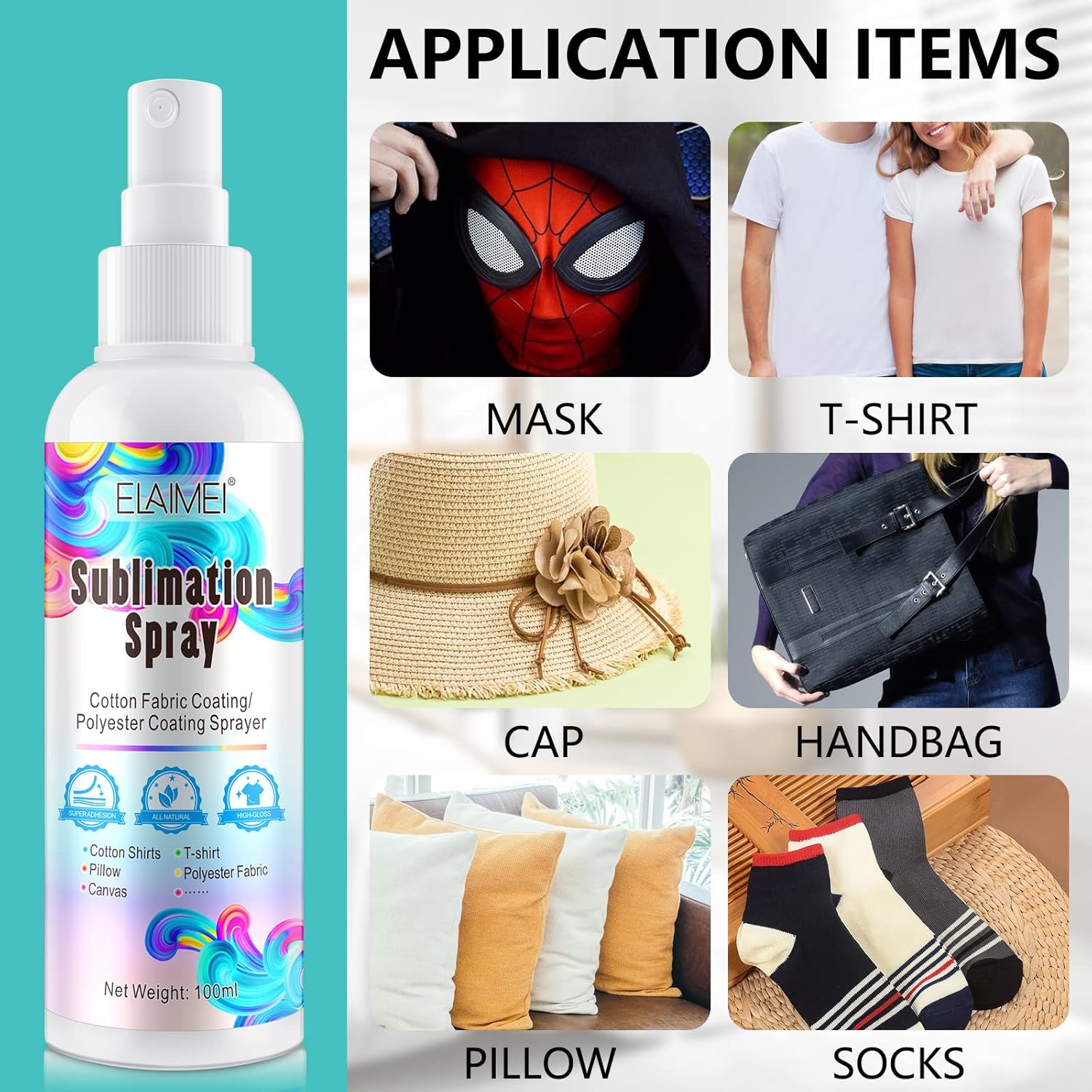 Sublimation Spray for Cotton 100ML Bright Fabric Spray Adhesive for All Including Polyester Carton Tote Bag Pillows Waterproof Quick Drying Brighter & More Vibrant Colors-1