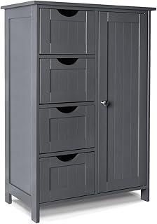 VOUNOT Bathroom Floor Storage Cabinet, Freestanding Storage Unit with Adjustable Shelf, 4 Drawers & Door, for Bedroom, Kitchen, Living Room, Entryway, Grey