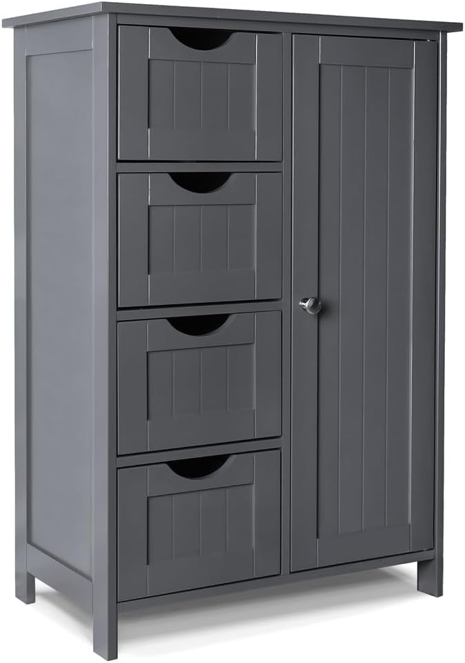 VOUNOT Bathroom Floor Storage Cabinet, Freestanding Storage Unit with Adjustable Shelf, 4 Drawers & Door, for Bedroom, Kitchen, Living Room, Entryway, Grey-0