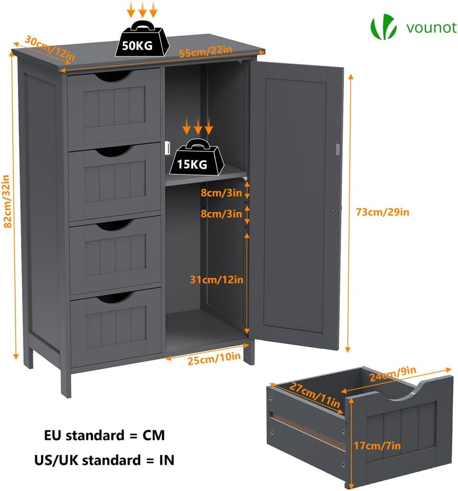 VOUNOT Bathroom Floor Storage Cabinet, Freestanding Storage Unit with Adjustable Shelf, 4 Drawers & Door, for Bedroom, Kitchen, Living Room, Entryway, Grey-2