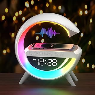 Atmosphere Lamp with Wireless Charger, 15W Led Alarm Clock Dimmable Ambient Light Smart Table Lamp with Bluetooth Speaker Dazzling Running Lights 13 Modes Lights for Adults Kids Office Bedroom