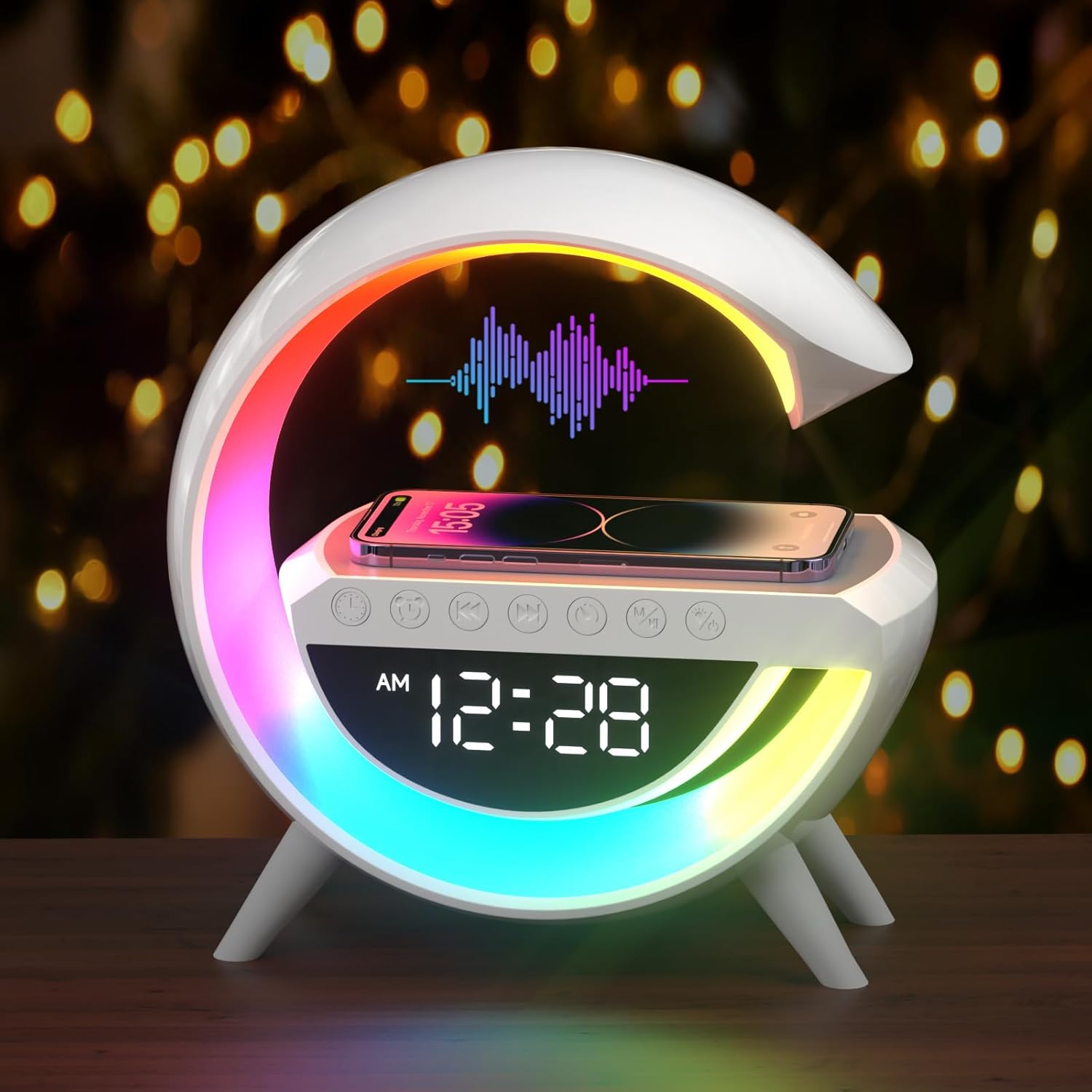 Atmosphere Lamp with Wireless Charger, 15W Led Alarm Clock Dimmable Ambient Light Smart Table Lamp with Bluetooth Speaker Dazzling Running Lights 13 Modes Lights for Adults Kids Office Bedroom-0