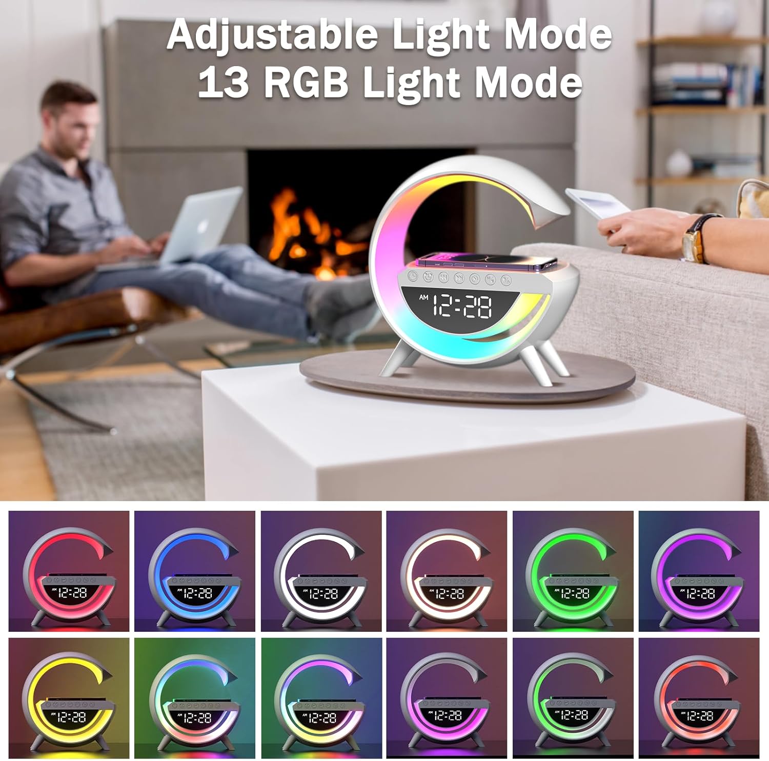 Atmosphere Lamp with Wireless Charger, 15W Led Alarm Clock Dimmable Ambient Light Smart Table Lamp with Bluetooth Speaker Dazzling Running Lights 13 Modes Lights for Adults Kids Office Bedroom-3