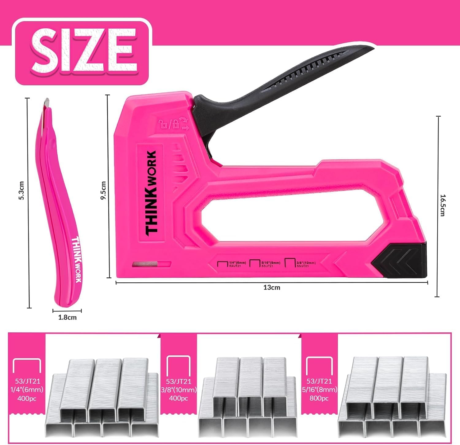 THINKWORK Staple Gun for Wood, Light Duty Wall Stapler Gun, Upholstery Staple Gun with 1600pcs JT21 Staples 1/4", 5/16", 3/8" and Staple Remover, Pink Stapler Gun for Craft, Wall, Art, DIY, Decoration-1