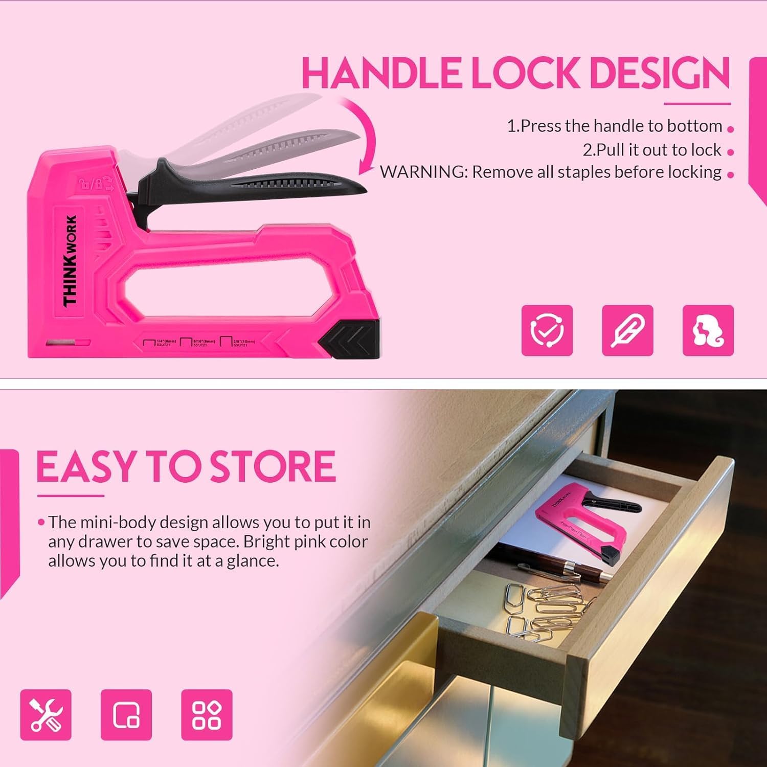 THINKWORK Staple Gun for Wood, Light Duty Wall Stapler Gun, Upholstery Staple Gun with 1600pcs JT21 Staples 1/4", 5/16", 3/8" and Staple Remover, Pink Stapler Gun for Craft, Wall, Art, DIY, Decoration-4