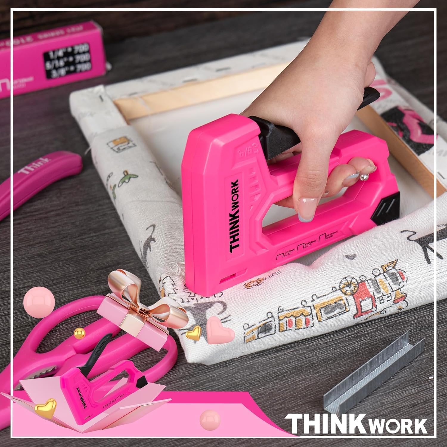 THINKWORK Staple Gun for Wood, Light Duty Wall Stapler Gun, Upholstery Staple Gun with 1600pcs JT21 Staples 1/4", 5/16", 3/8" and Staple Remover, Pink Stapler Gun for Craft, Wall, Art, DIY, Decoration-5