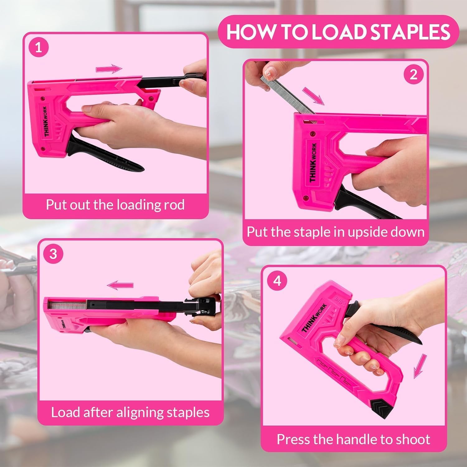 THINKWORK Staple Gun for Wood, Light Duty Wall Stapler Gun, Upholstery Staple Gun with 1600pcs JT21 Staples 1/4", 5/16", 3/8" and Staple Remover, Pink Stapler Gun for Craft, Wall, Art, DIY, Decoration-7