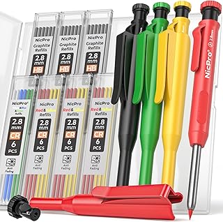 Nicpro 4 Pack Carpenter Pencil with Sharpener & Cap, Mechanical Carpenter Pencils Set with 52 Refill, Deep Hole Marker Woodworking Pencils, Heavy Duty Construction Pencils for Architect-With Case